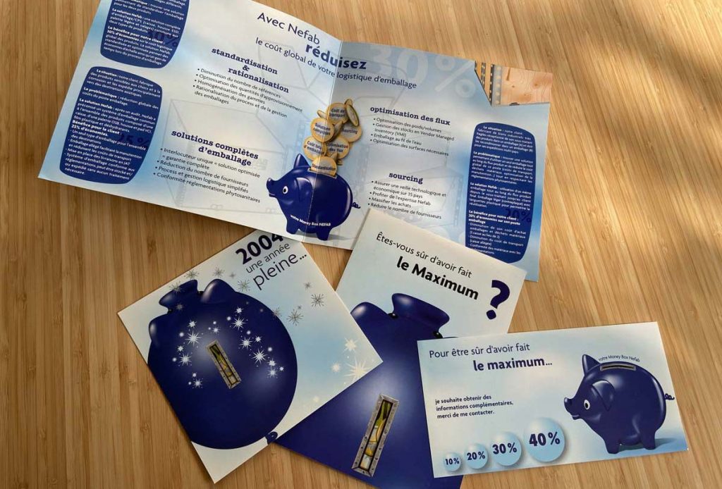 Création du dessin de la tirelire bleue NEFAB et réalisation des plaquettes et invitation